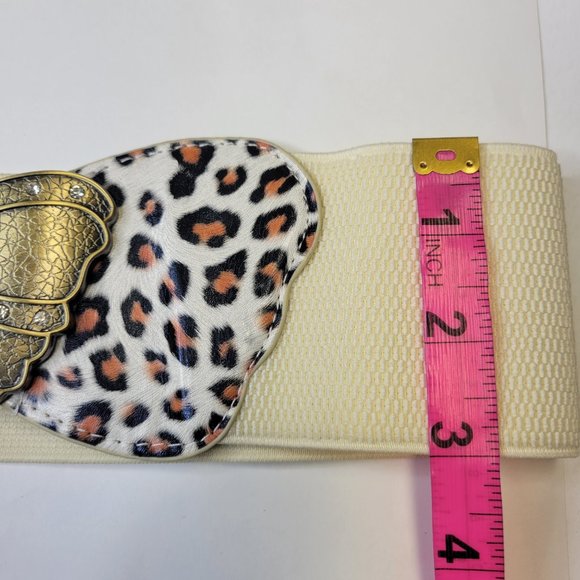 Butterfly Buckle Stretch Belt Animal Print Antique Gold Tone Buckle Brown Cream - Picture 12 of 16